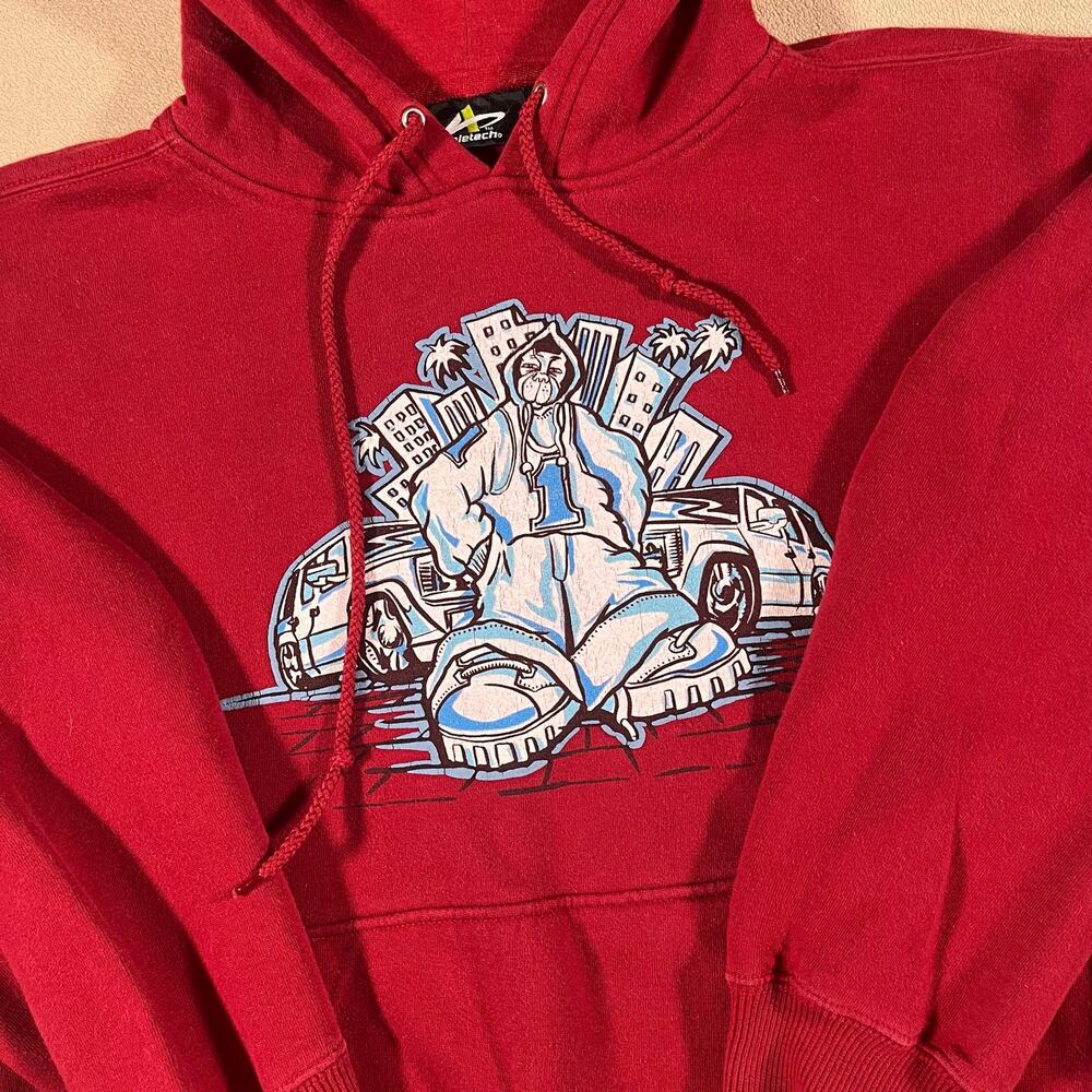 Vintage Y2K 90s City Dog Streetwear Urban Baggy Red Hoodie Men's L